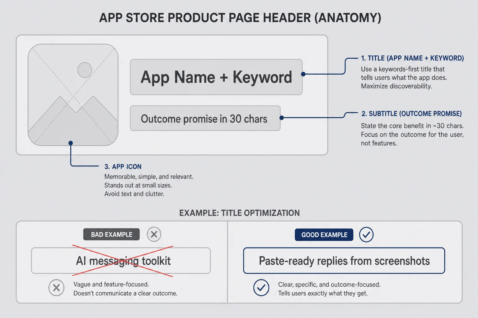 Annotated wireframe of App Store listing header showing title and subtitle zones with example outcome-focused copy