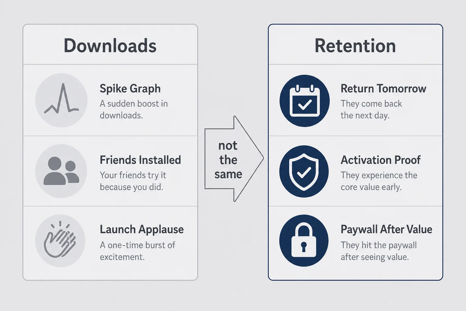 Two-column comparison of downloads versus retention outcomes