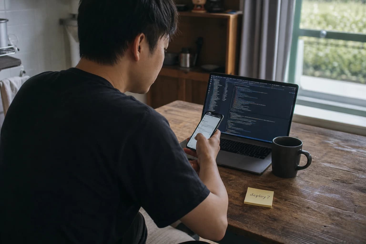 Solo founder at a kitchen table with laptop and phone showing a messaging notification beside afternoon window light