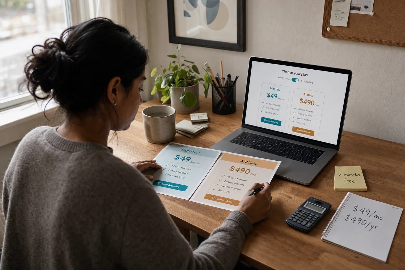 Graphic comparing a two months free offer with twelve times forty-nine dollars versus a four hundred ninety annual price and a week six refund risk