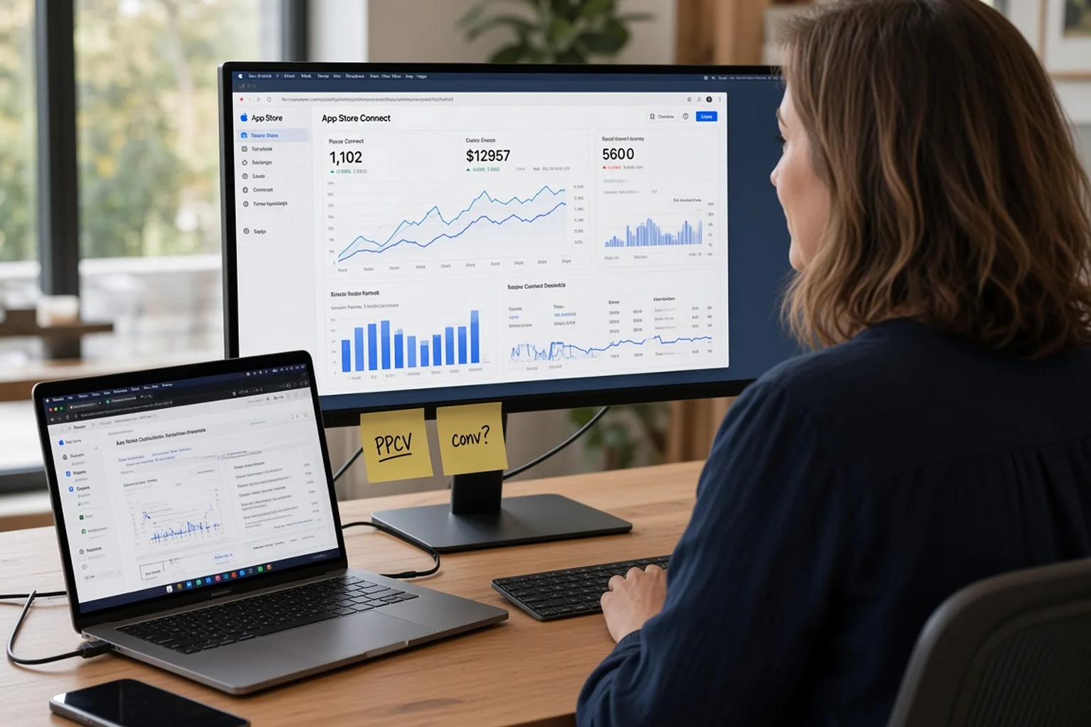 Solo founder at a spacious home desk with tall windows reviewing App Store Connect metrics on a laptop and large monitor with an iPhone and small sticky notes nearby