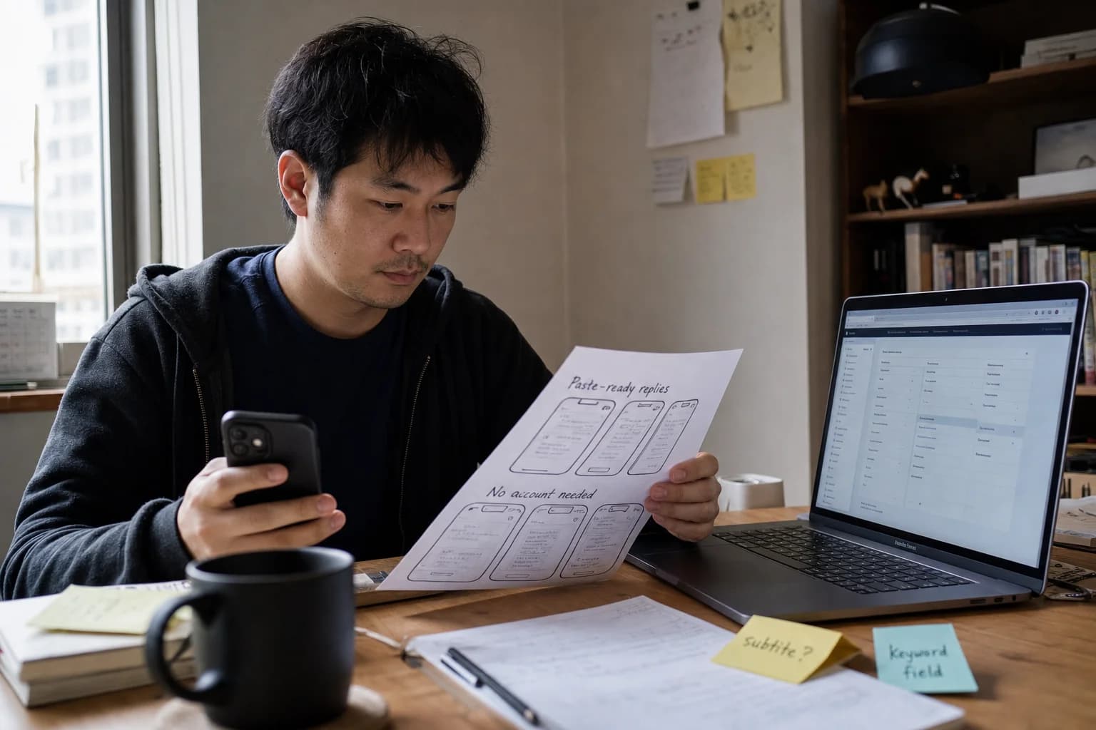 Solo founder at a home desk comparing iPhone App Store listing mockups on paper beside a laptop with notes on screenshot captions