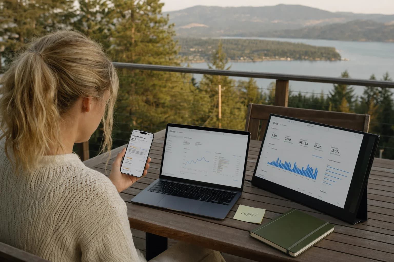 Solo founder on a home terrace with iPhone showing App Store reviews, laptop and monitor with analytics nearby, and lake valley in the background