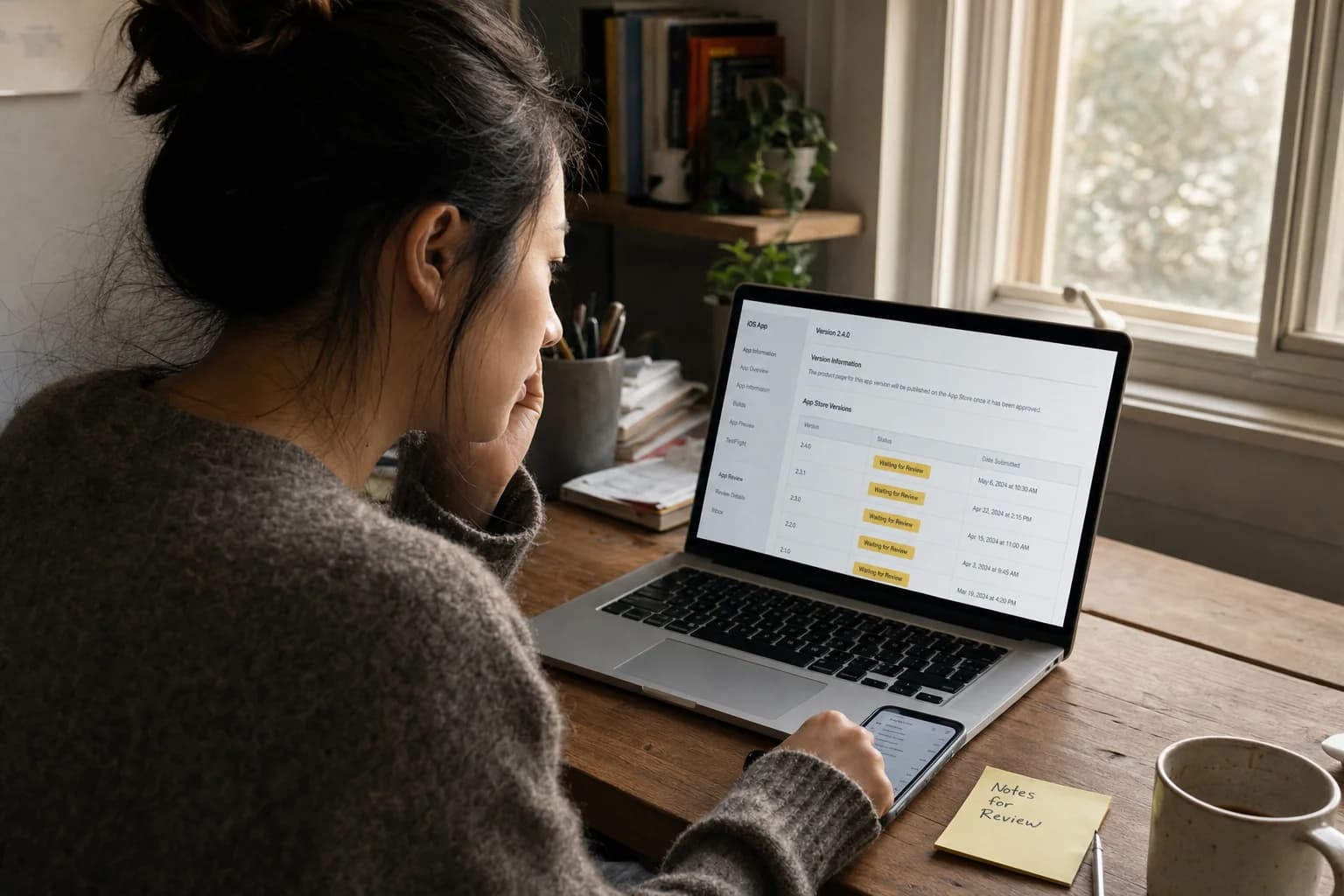 Solo founder at a home desk staring at a laptop showing App Store Connect while a phone sits face-up nearby