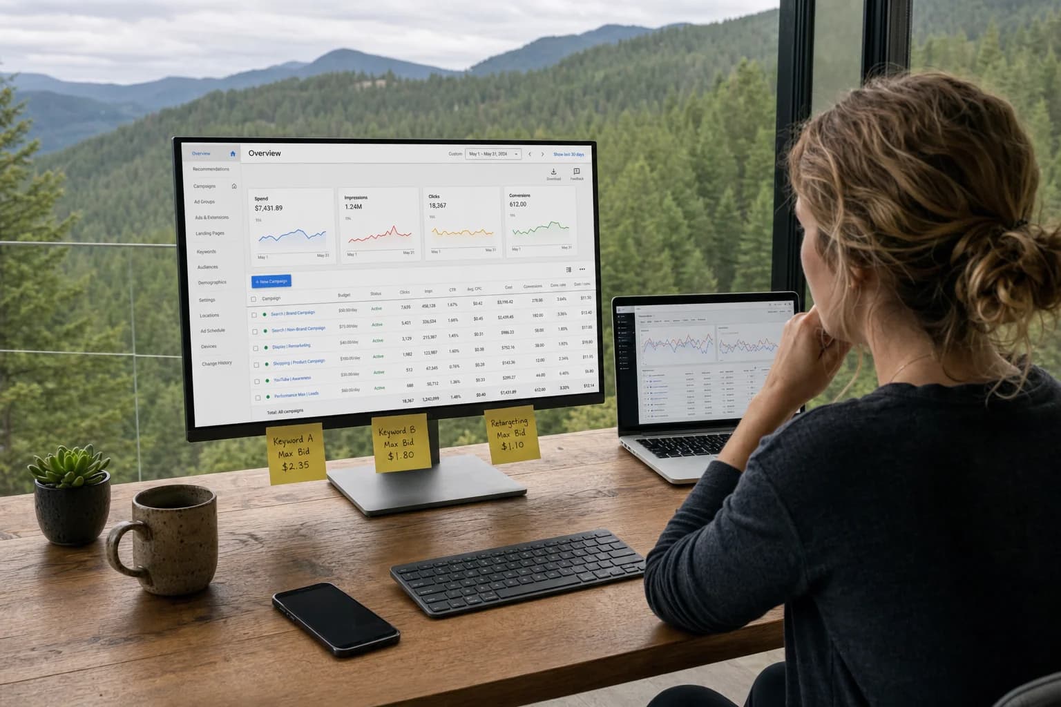 Solo founder on a forest-view terrace with laptop and large monitor showing an ads dashboard, iPhone and sticky notes with keyword bids beside the keyboard