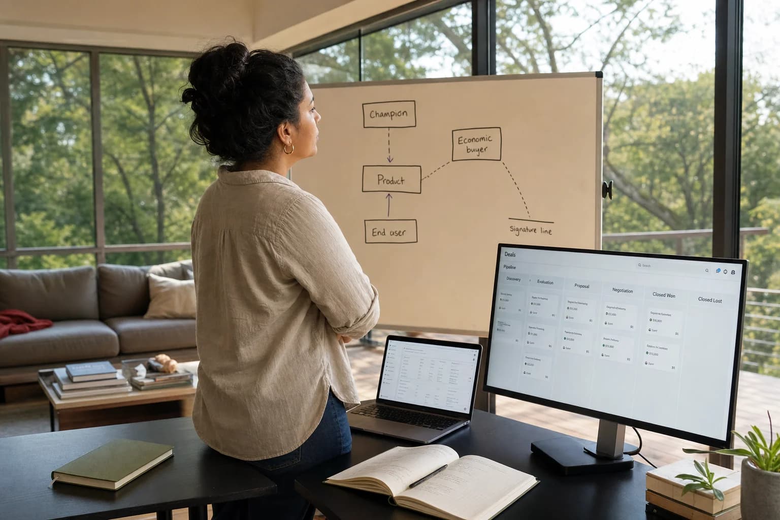 Stakeholder map on a whiteboard showing champion connected to product but economic buyer disconnected from signature line, solo founder with notebook