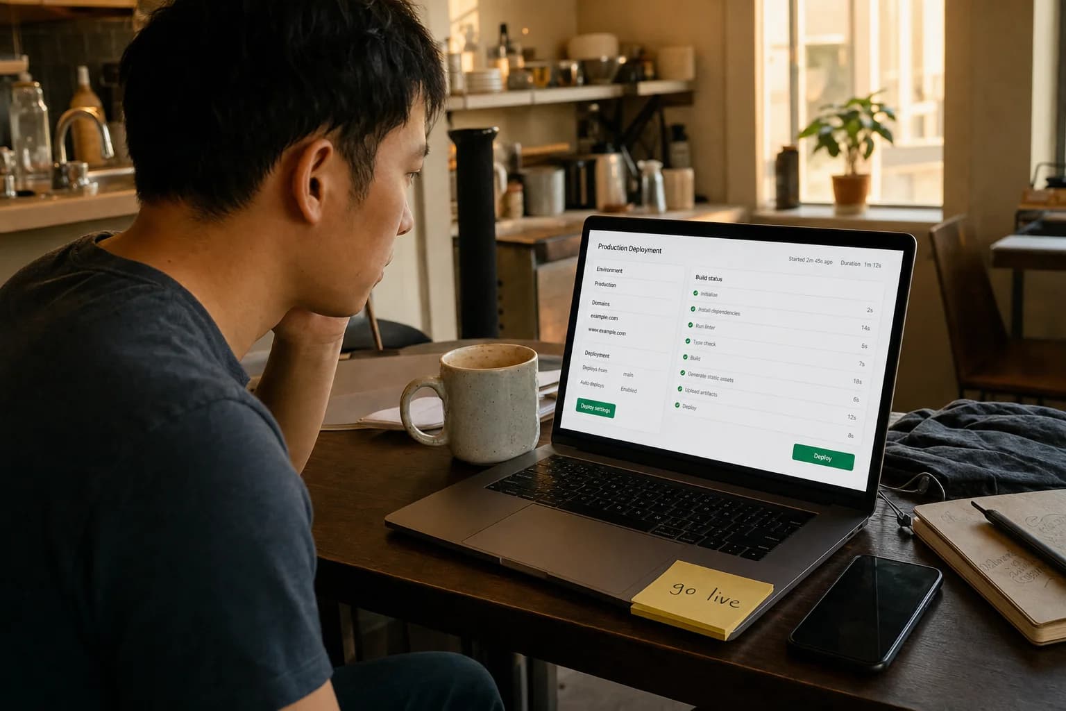 Solo founder at a kitchen table leaning toward a laptop showing a hosting dashboard with a sticky note reading go live beside the keyboard
