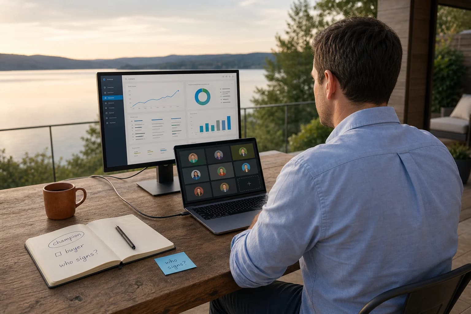 Solo founder at a lake terrace desk during a video demo, laptop meeting grid with one empty seat, large monitor dashboard, notebook labeled champion and buyer, sticky note reading who signs