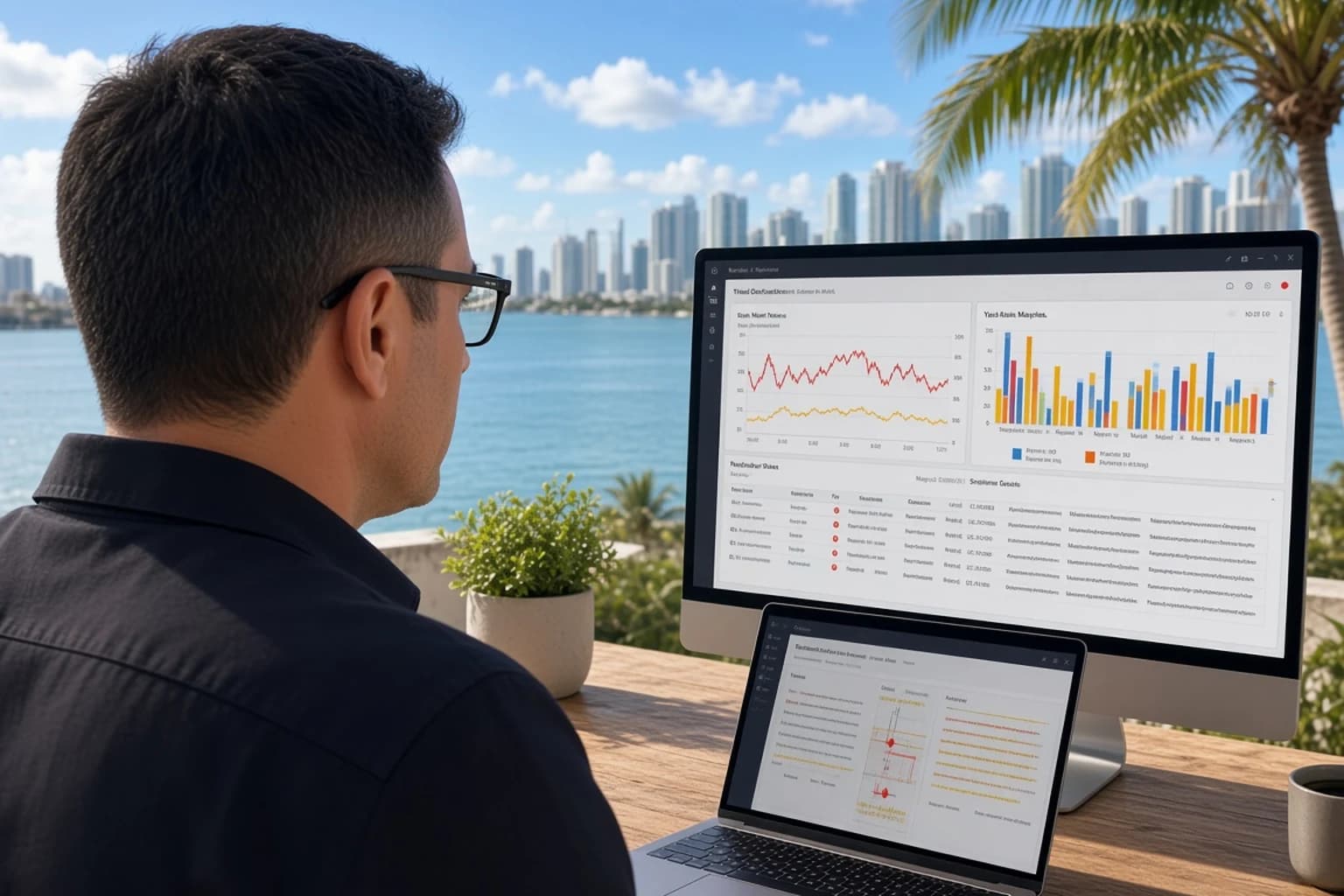 Solo founder on a terrace desk with laptop and large monitor showing an error dashboard, sticky note labeled P1 webhook beside the keyboard