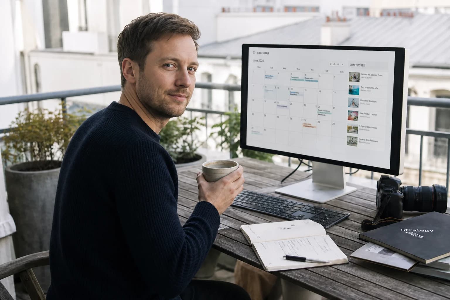 Solo founder on a terrace desk with laptop and large monitor, weekly content board on sticky notes beside a landscape view
