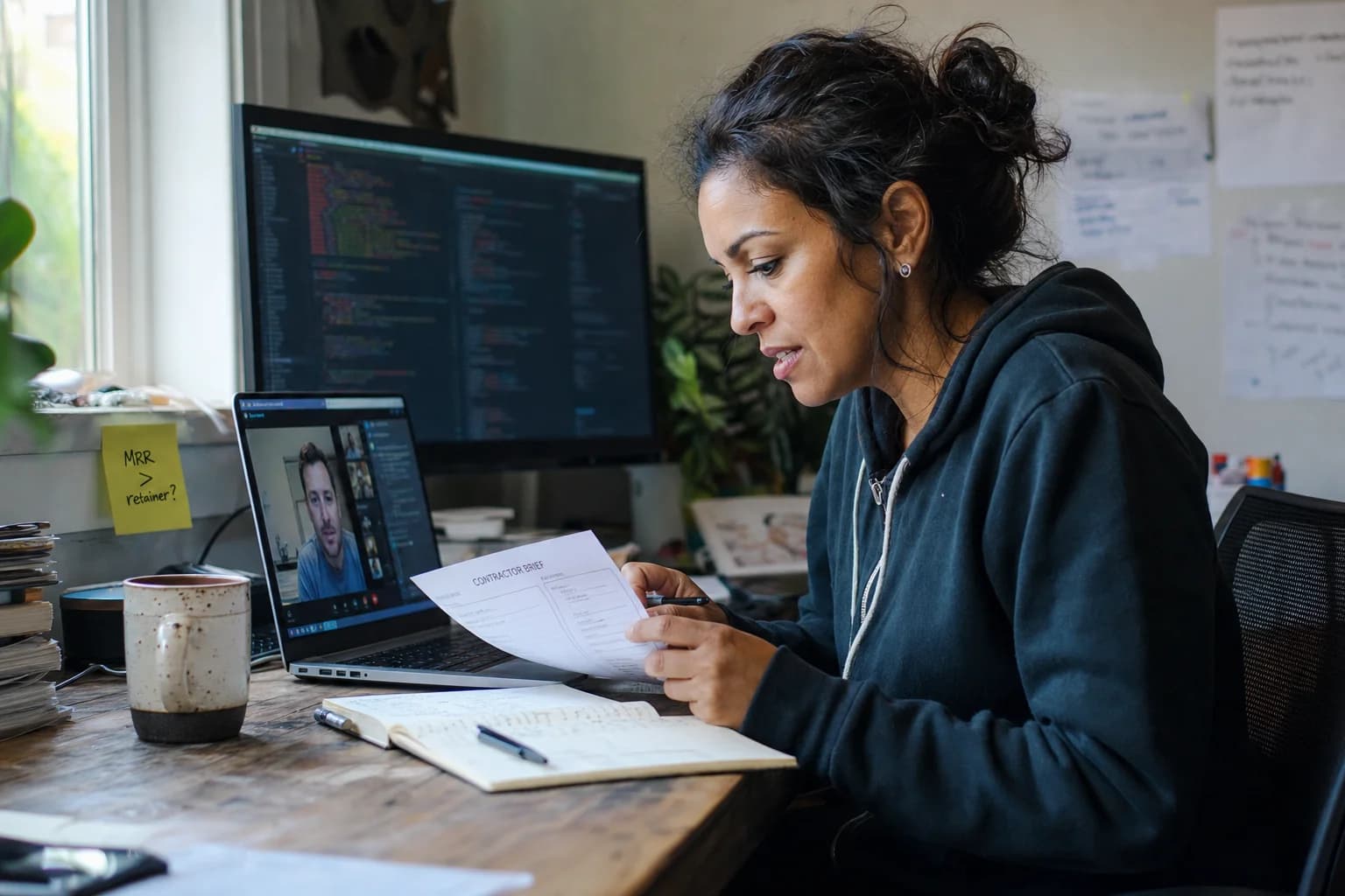 Solo founder at a home desk on a video call beside a laptop with unreadable code editor, printed contractor brief and sticky note with MRR and retainer notes
