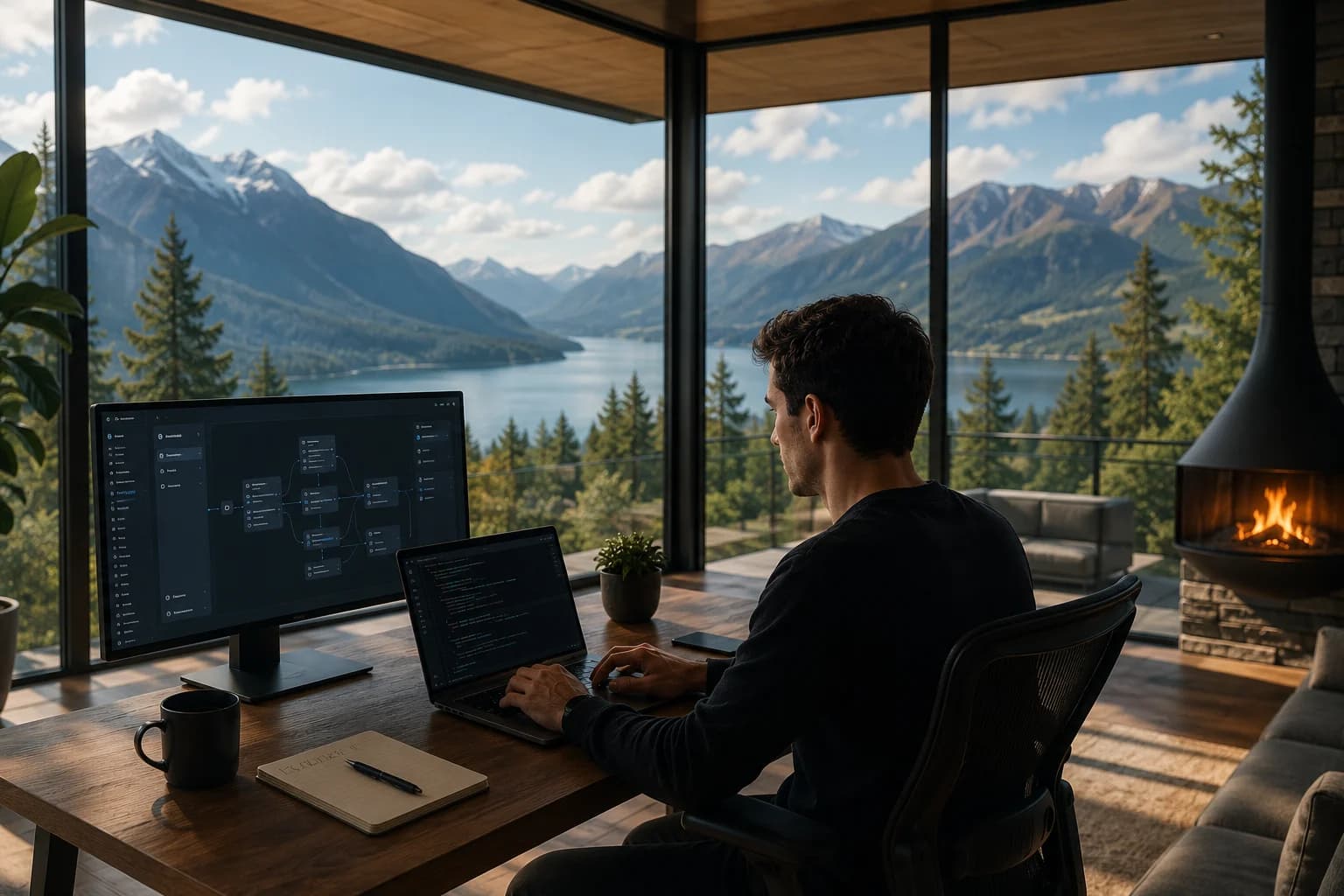 Solo founder coding on a laptop beside a monitor with a node workflow diagram in a mountain-view home office