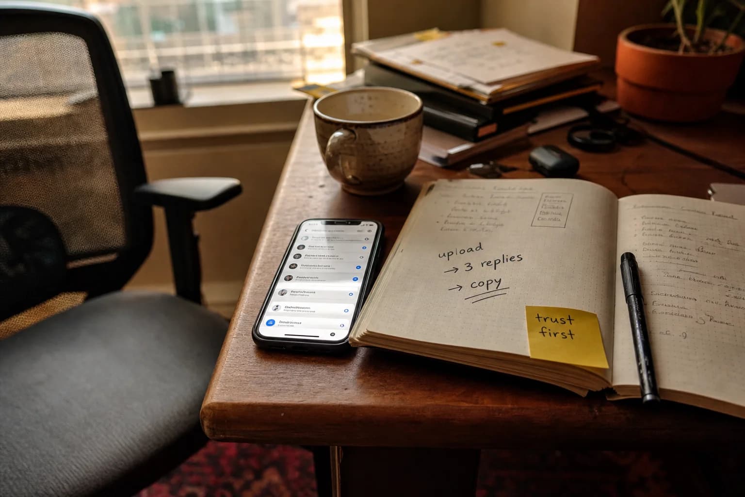 iPhone with a messaging app on screen beside handwritten UX notes and a half-empty coffee mug on a home desk