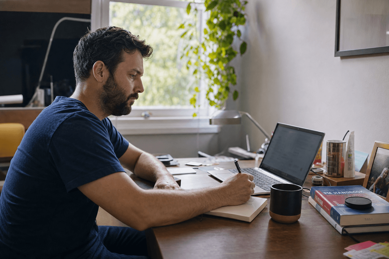 Solo founder at a home desk drafting a personal launch email on a laptop, notebook with a short recipient list beside the keyboard