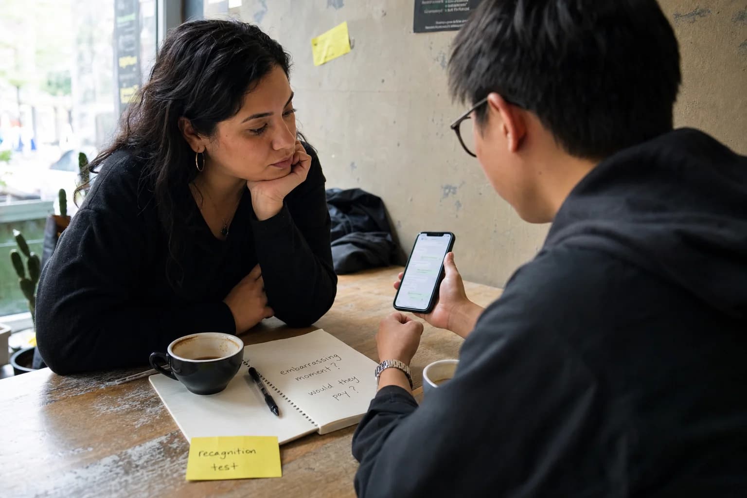 Solo founder listening at a café table while a friend shows a messaging app on a phone, with open notebook and sticky note labeled recognition test
