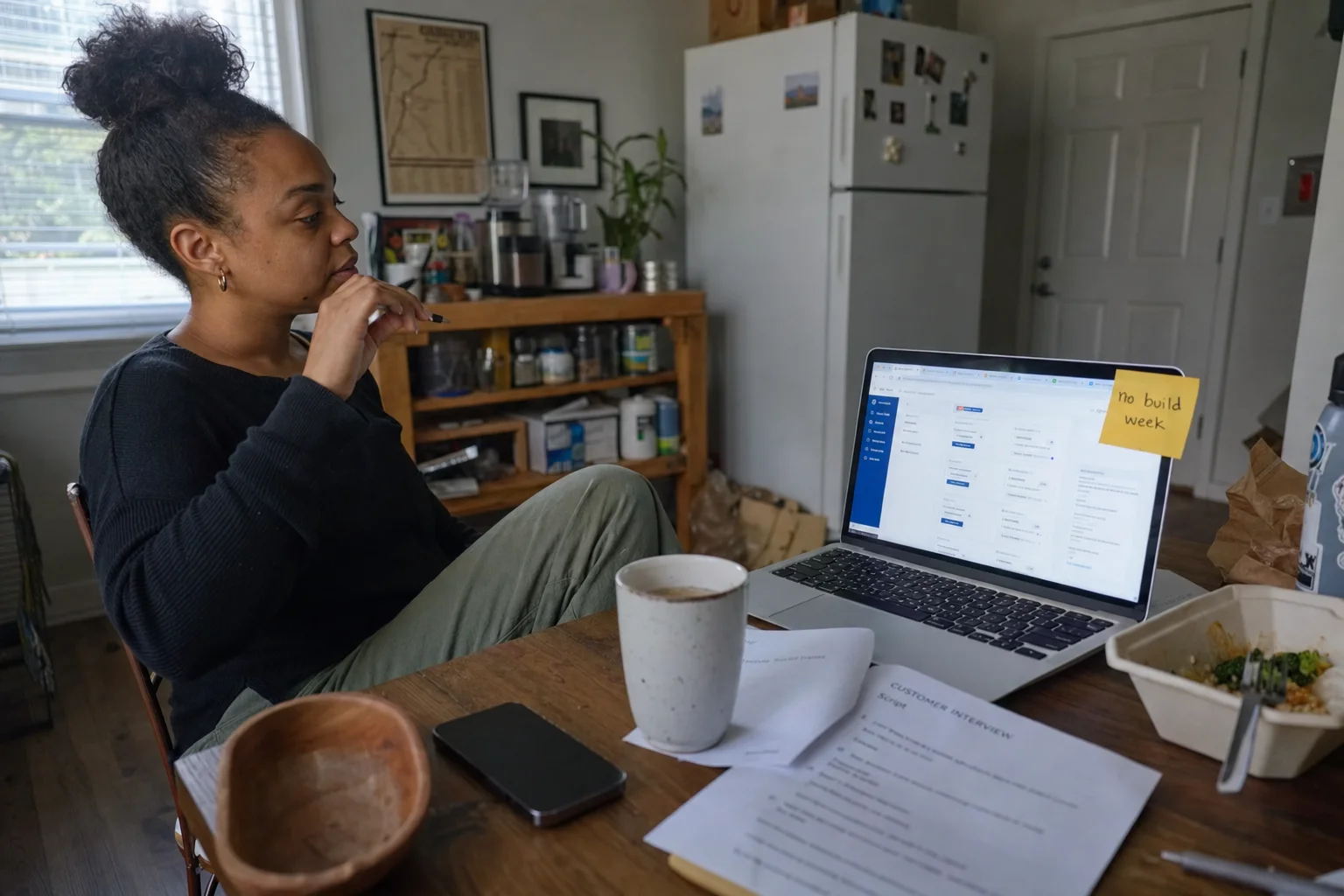 Solo founder pausing at a kitchen table with a laptop, interview notes, and a sticky note marked no build week