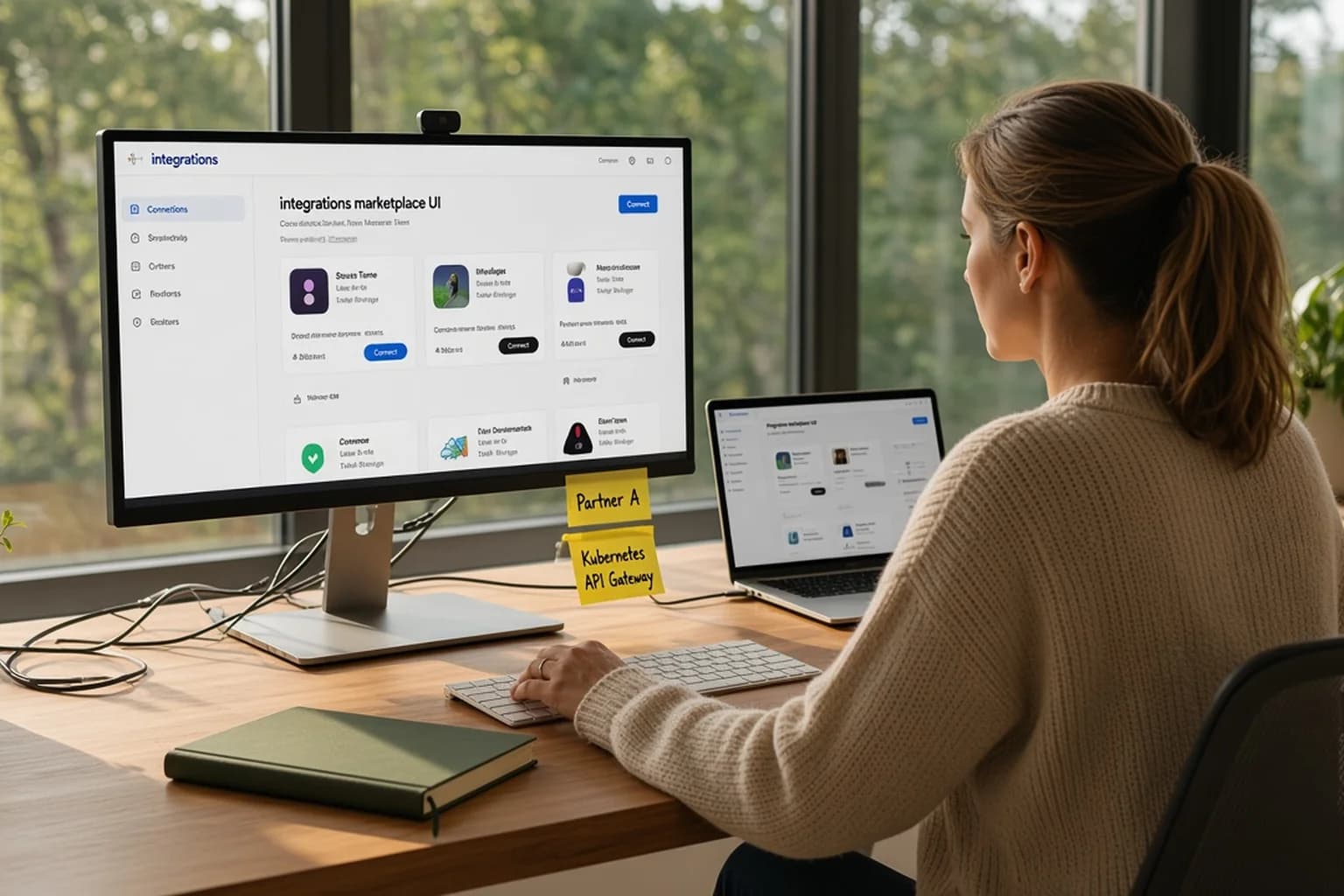Solo founder at a modern home desk with laptop and large monitor showing an integrations marketplace, sticky notes with partner names nearby