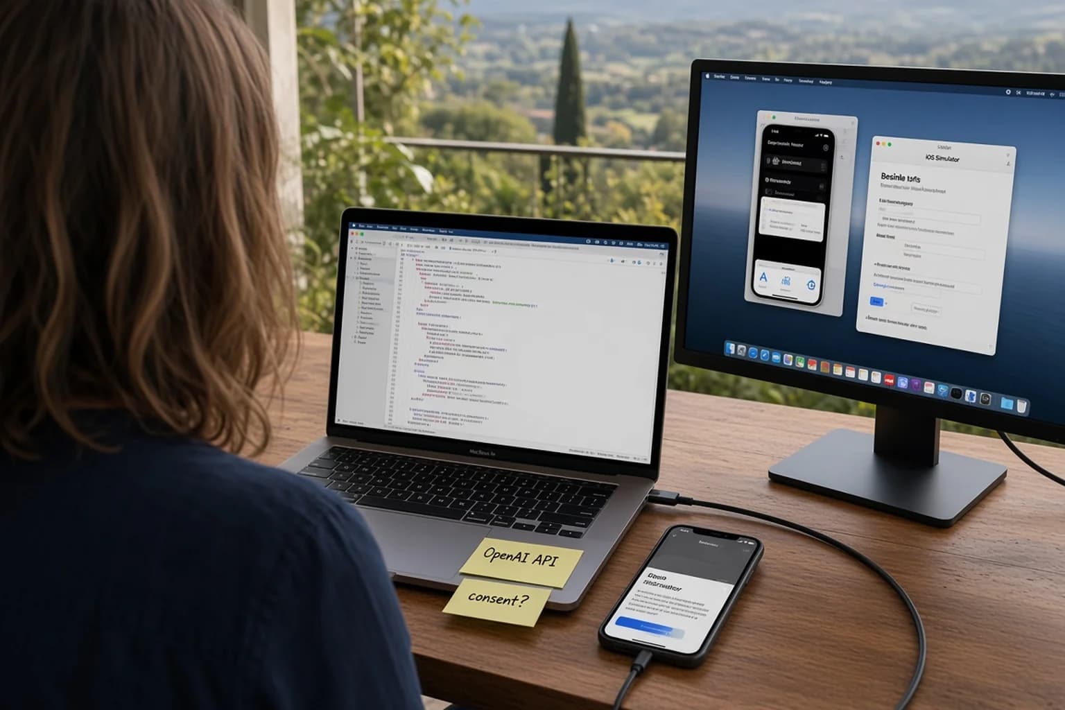 Solo founder at a terrace desk from behind, USB-C and power cables visible to an external monitor, laptop and phone showing normal-scale iOS and code UI, small sticky notes on the keyboard