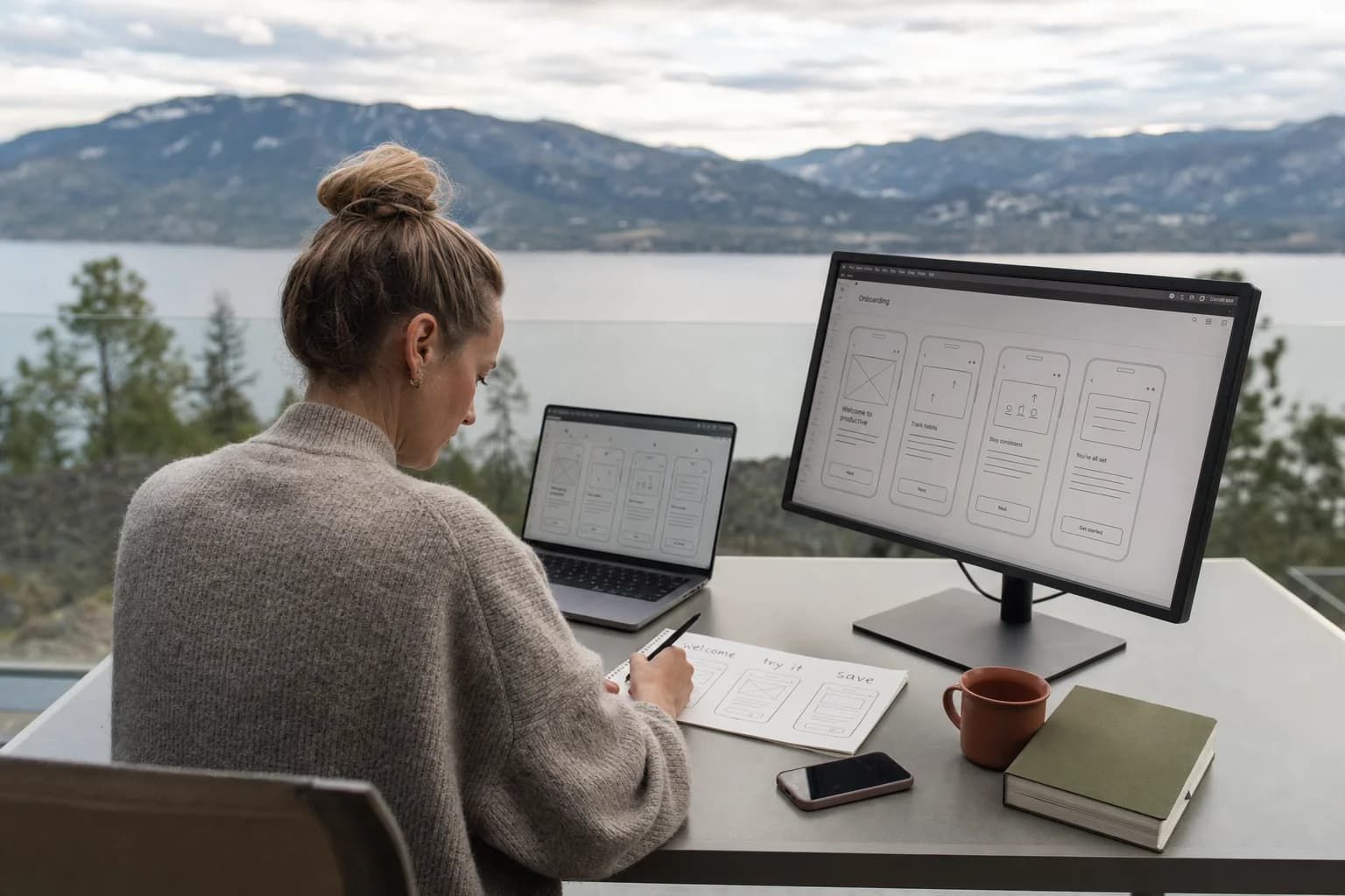 Solo founder on a terrace desk sketching onboarding screens beside an iPhone, laptop, and large monitor with wireframe layouts