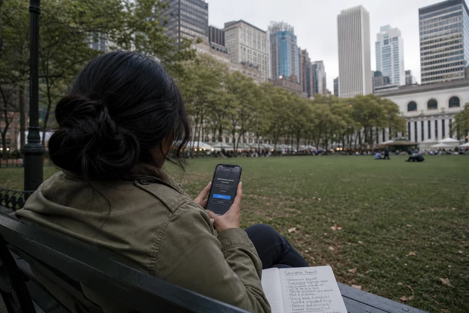 Solo founder sitting on a park bench in New York with an iPhone showing a subscription screen, face turned away from the camera
