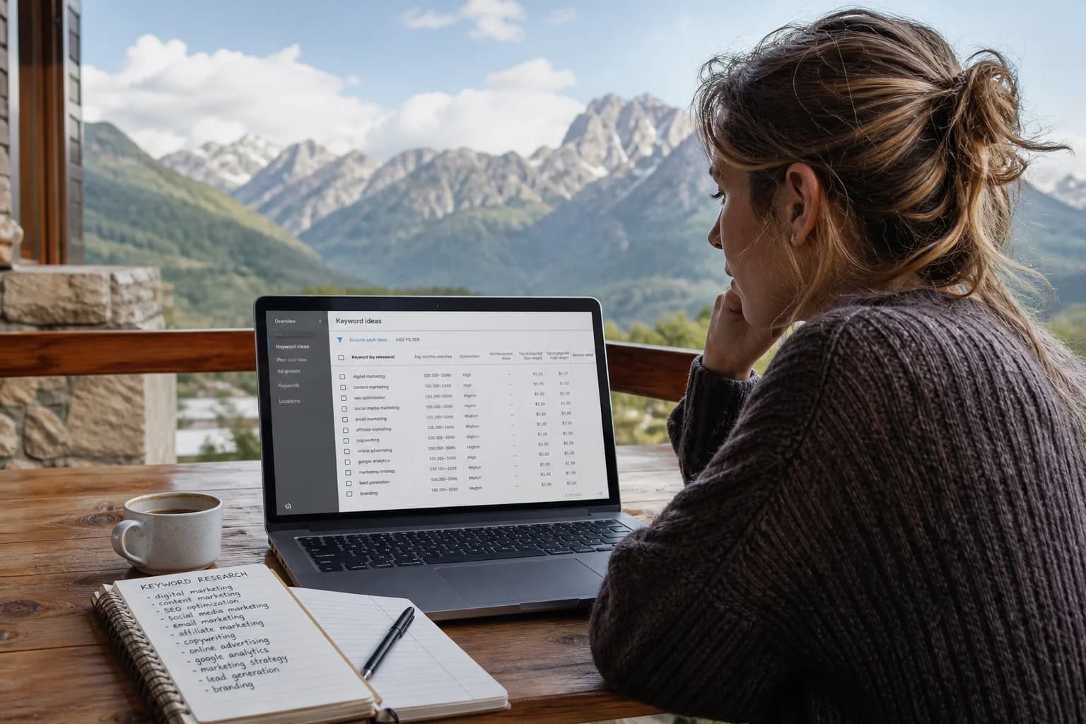 Solo founder on a terrace desk with laptop and large monitor beside handwritten keyword notes and sticky labels with search phrases