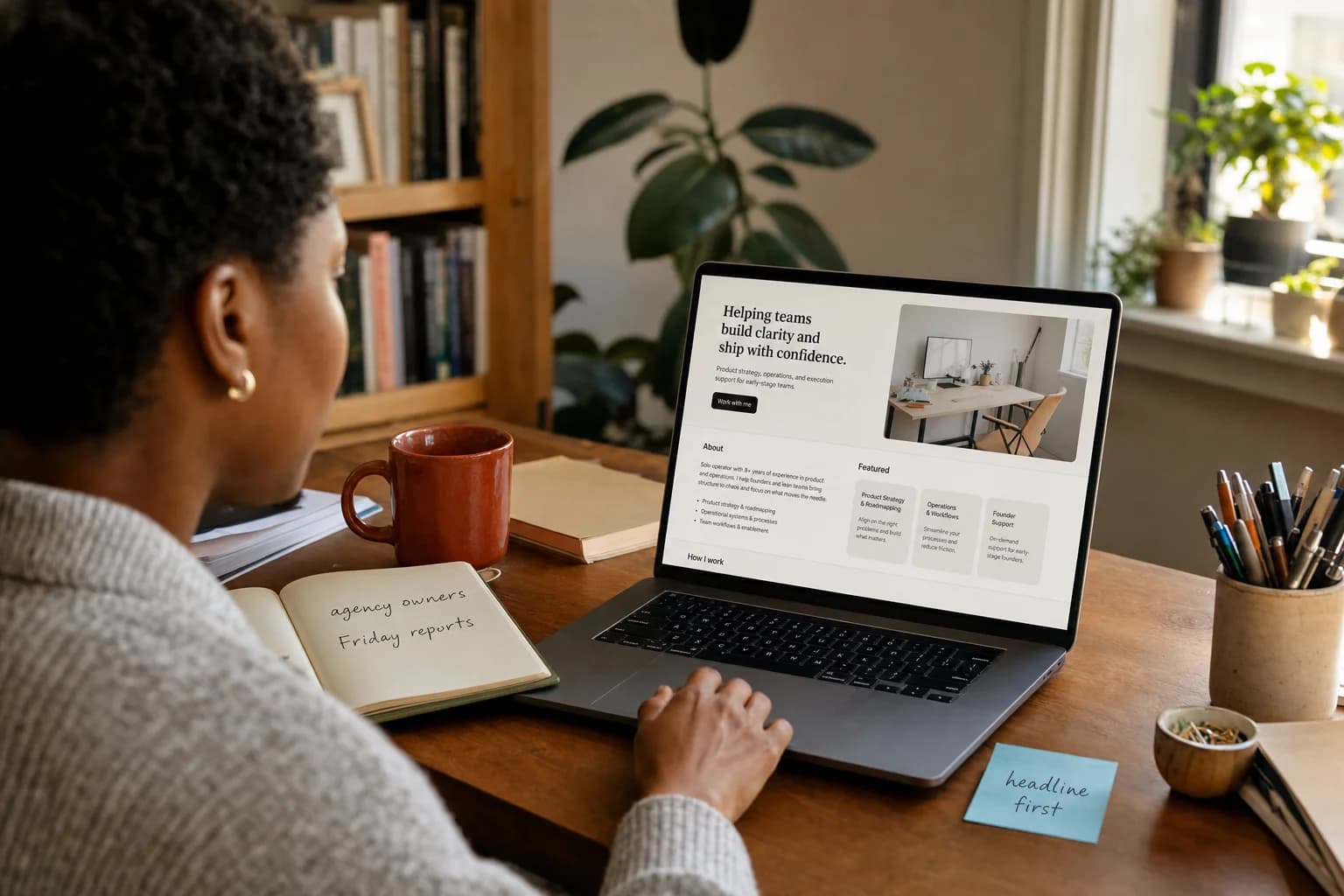 Solo founder at a home desk reviewing a laptop profile page with outreach notes and a sticky labeled headline first