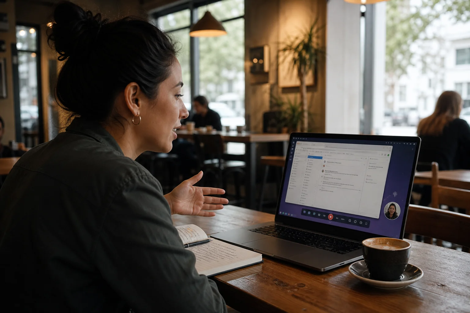Solo founder recording a screen demo on a laptop at a café table with an espresso cup and notebook nearby