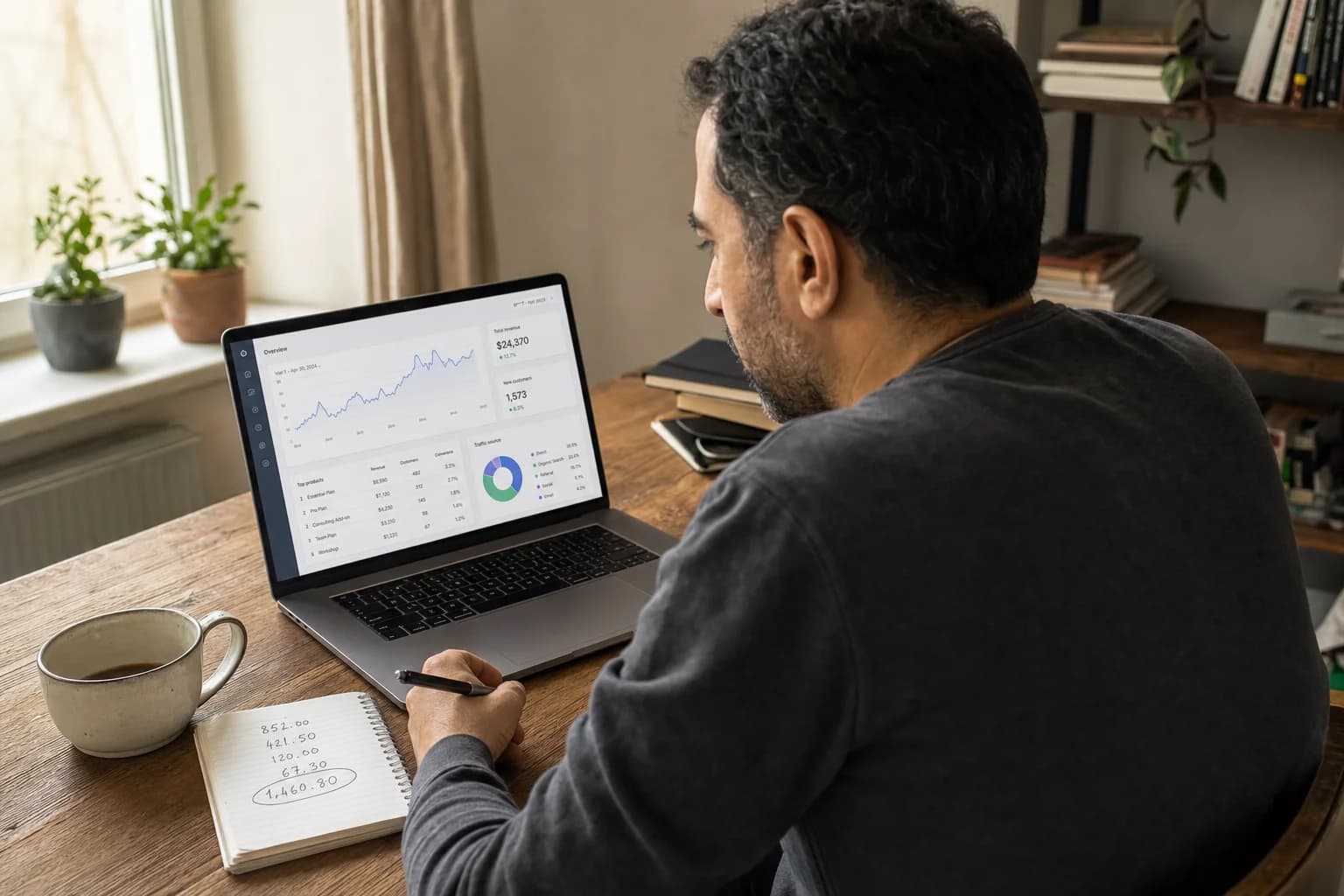 Solo founder at a home desk reviewing a simple metrics dashboard on a laptop with a notebook of handwritten numbers nearby