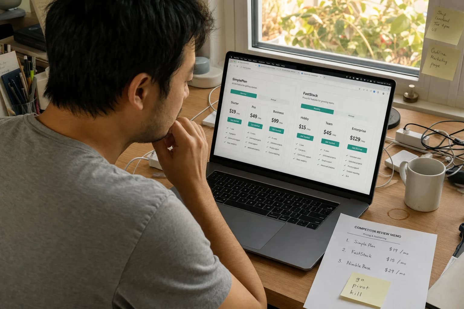 Solo founder at a home desk comparing competitor websites on a laptop, notebook with three company names and pricing notes beside the keyboard