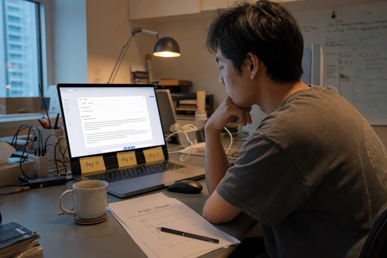 Solo founder at a home desk drafting onboarding emails with sticky notes labeled day 0, day 2, and day 5 beside an open laptop