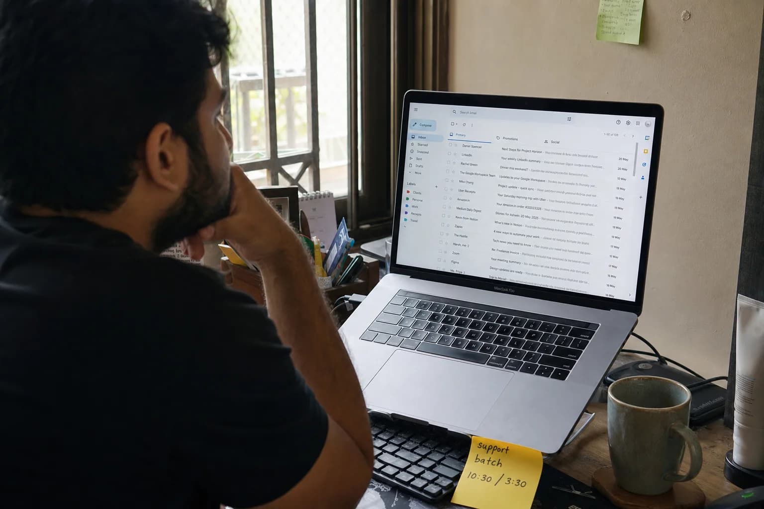 Solo founder at a home desk processing a support inbox on a laptop with a sticky note labeled support batch beside the keyboard