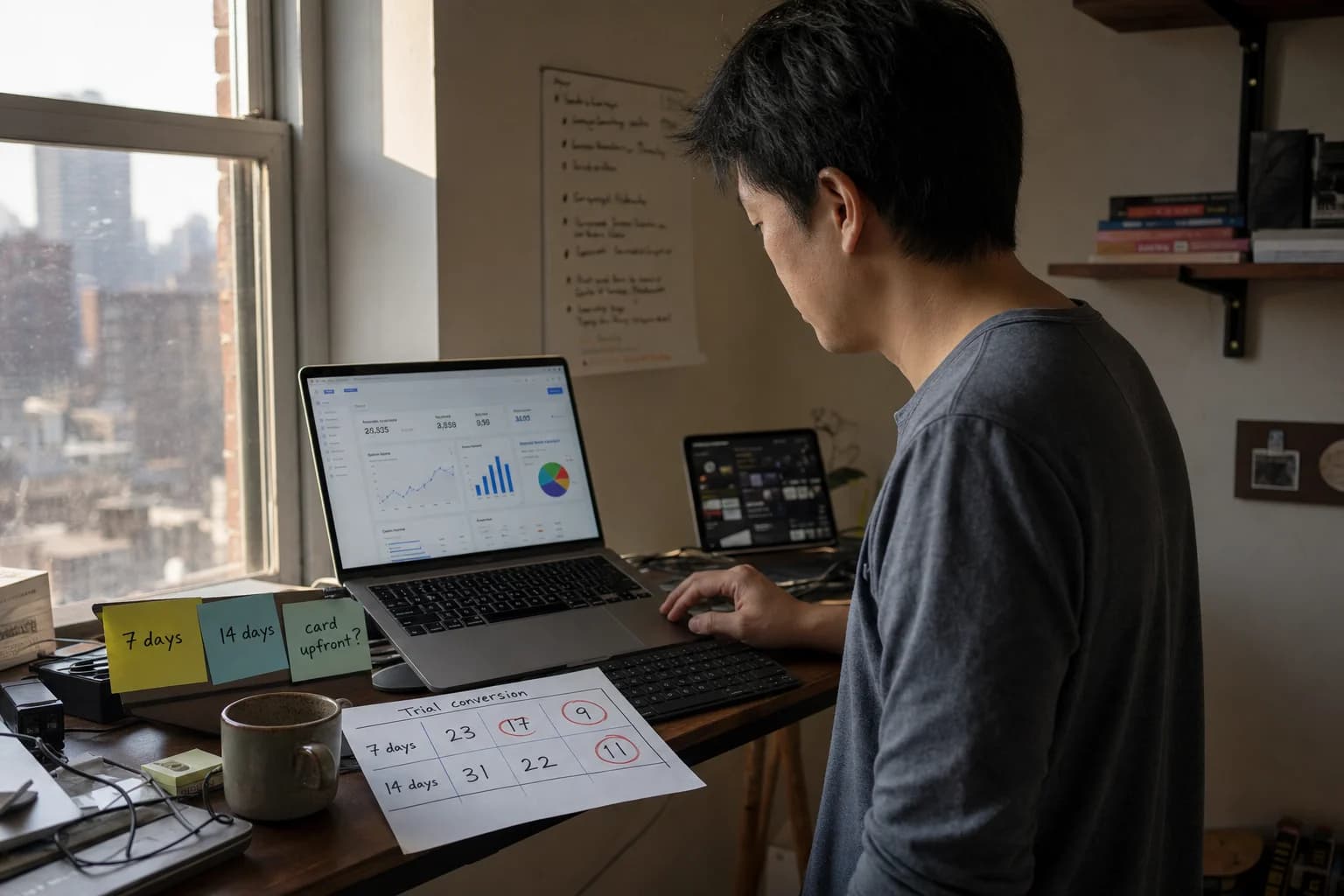 Solo founder at a standing desk comparing trial length options on sticky notes beside a laptop showing a subscription dashboard