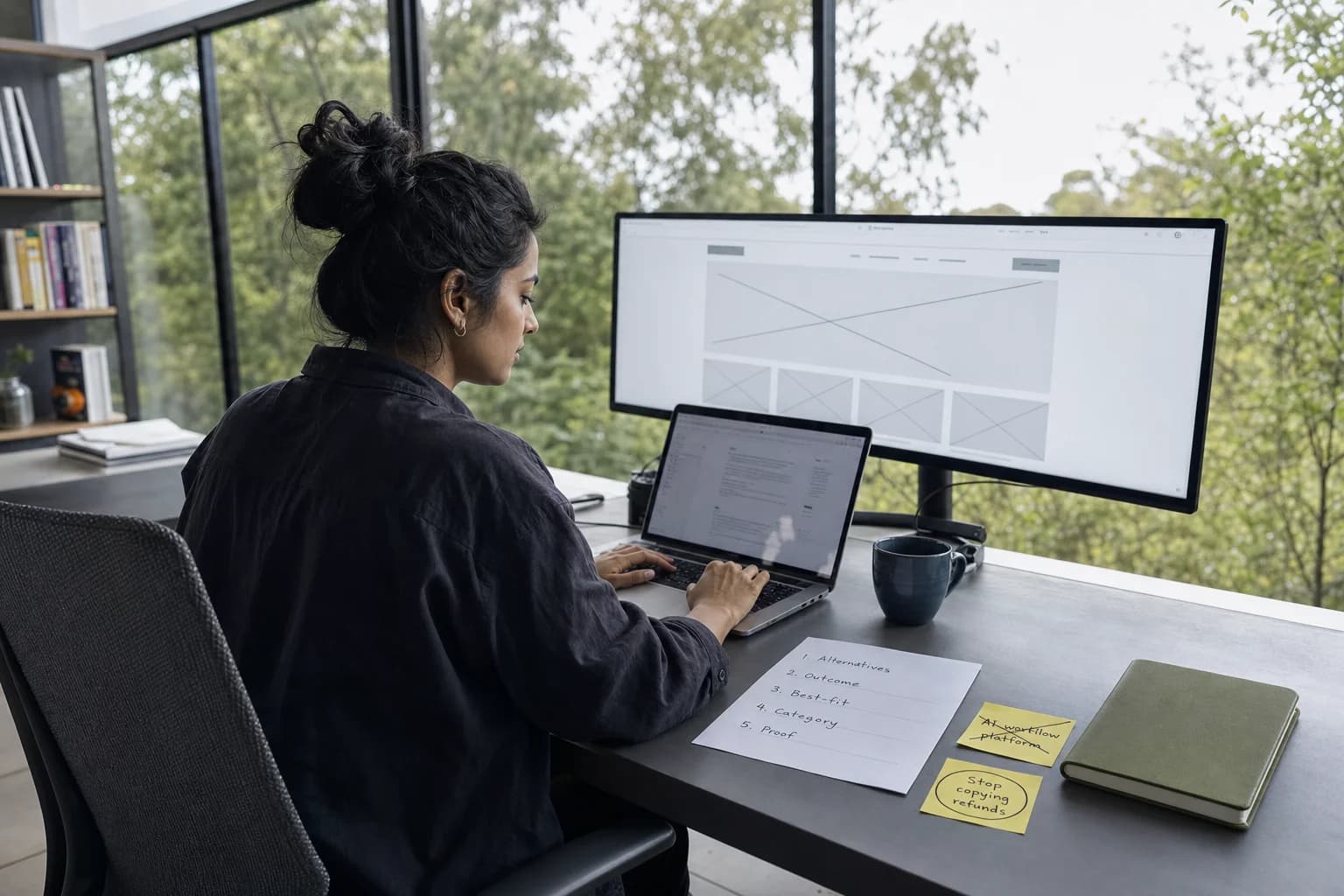 Solo founder at a modern desk with a notebook positioning worksheet, sticky notes with crossed-out generic headlines, and a large monitor showing a landing page draft beside tall windows