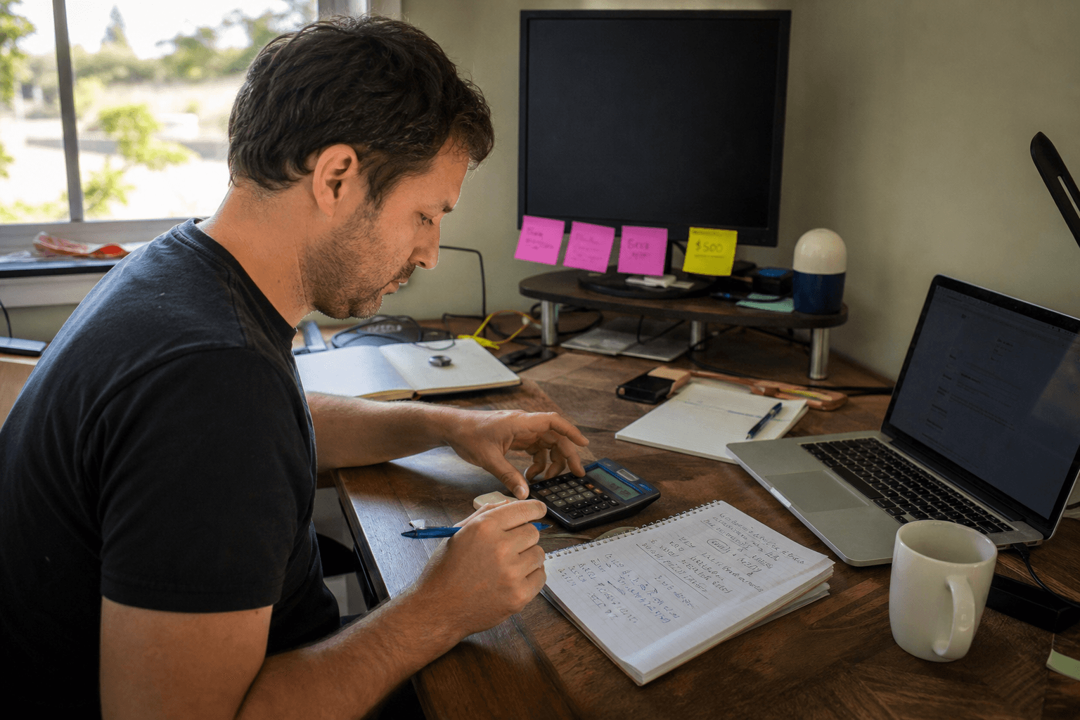 Solo founder at a home desk comparing handwritten pricing notes with a calculator and sticky notes on a monitor stand