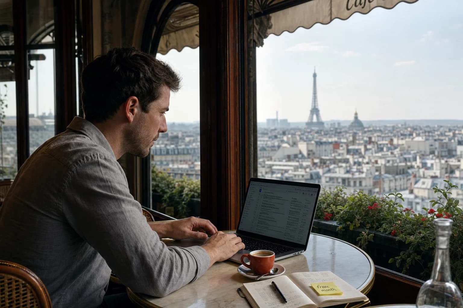 Solo founder at a cafe table with a panoramic city view, laptop open beside a notebook with referral notes