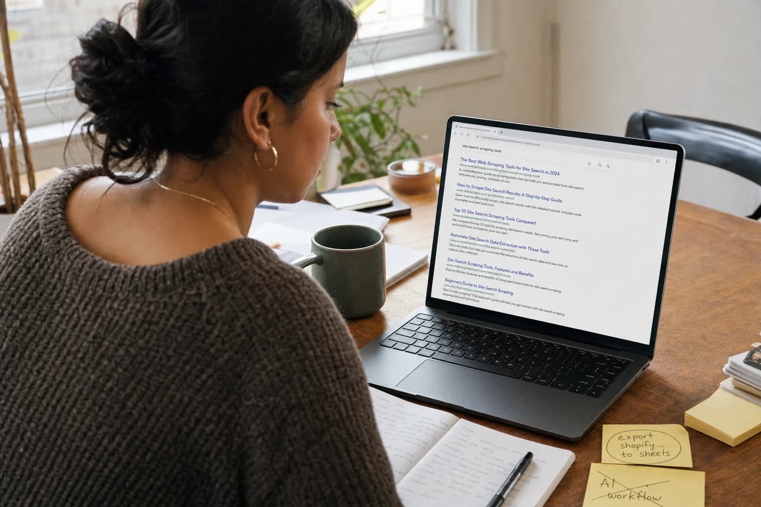 Solo founder viewed from behind at a kitchen table, reviewing search results on a laptop and handwritten keyword notes