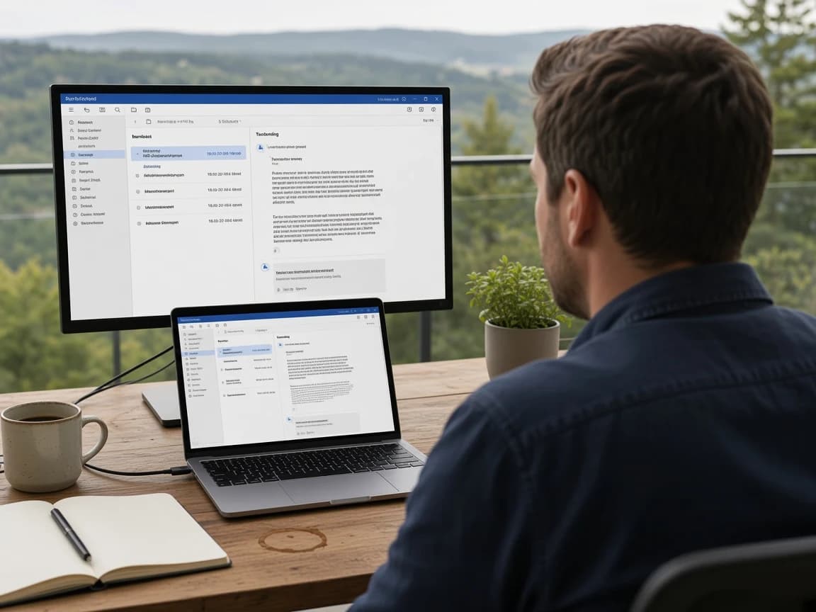 Solo founder at a terrace desk reading a customer email reply on a laptop and large monitor overlooking a forest valley