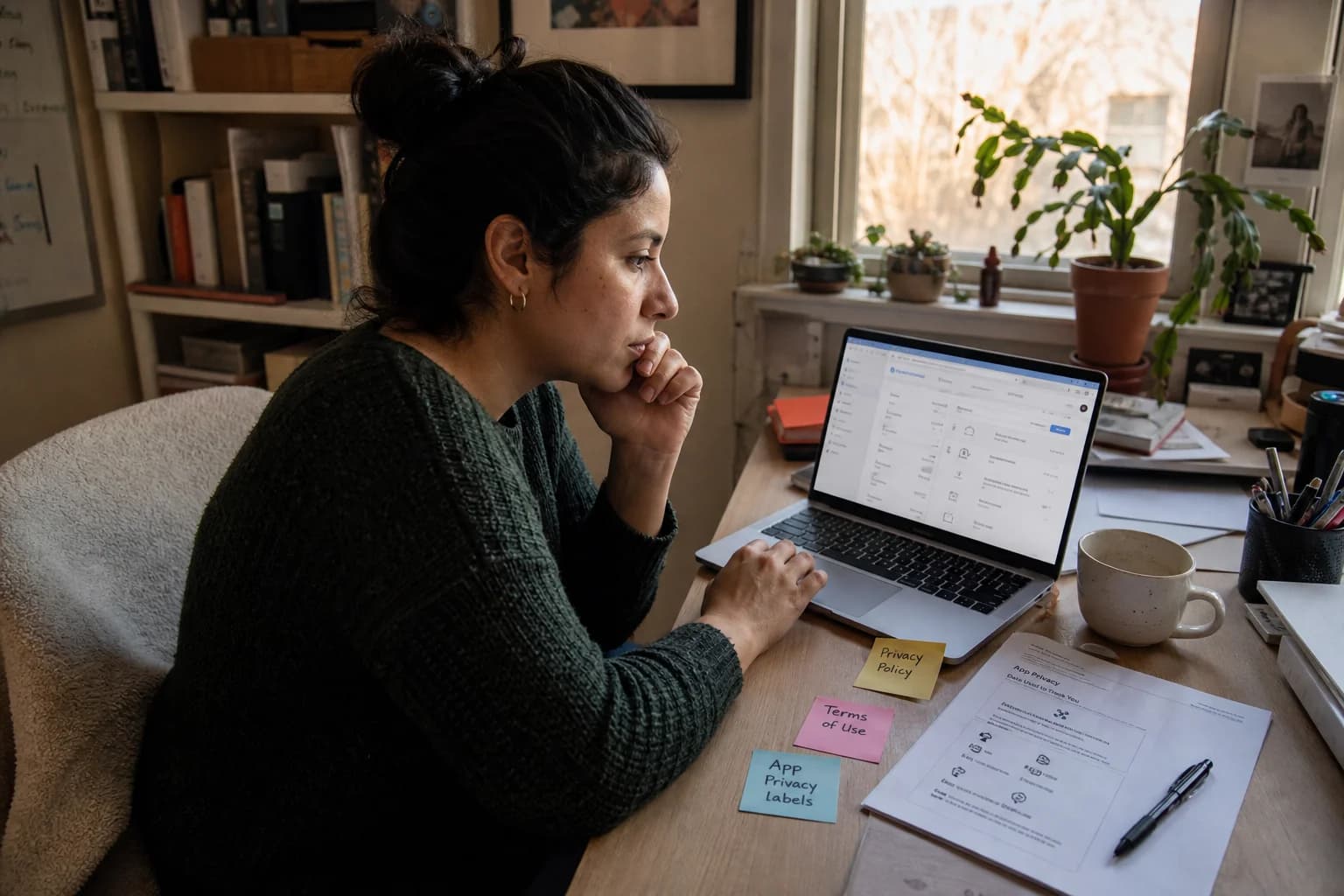 Solo founder at a home desk reviewing privacy policy and terms pages on a laptop with App Store Connect tabs open