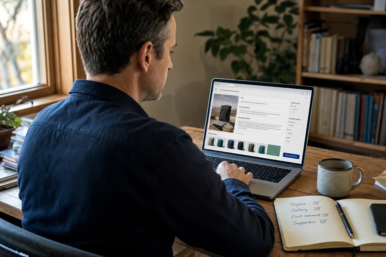Solo founder at a home desk reviewing a product launch listing on a laptop while a notebook with a prep checklist sits nearby