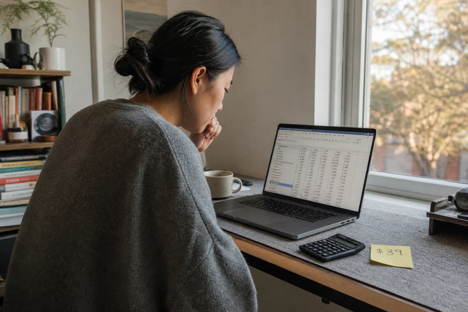 Solo founder at a standing desk updating a pricing spreadsheet beside a sticky note reading thirty-nine dollars and a coffee mug