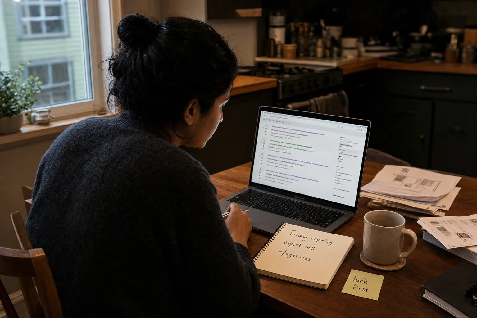 Solo founder at a kitchen table reading a laptop forum thread with a notebook of community notes nearby