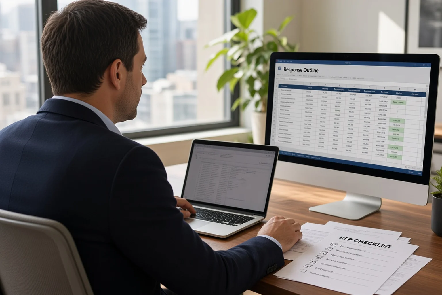 Solo founder at a modern home desk reviewing a printed RFP checklist beside a laptop and large monitor showing a response outline