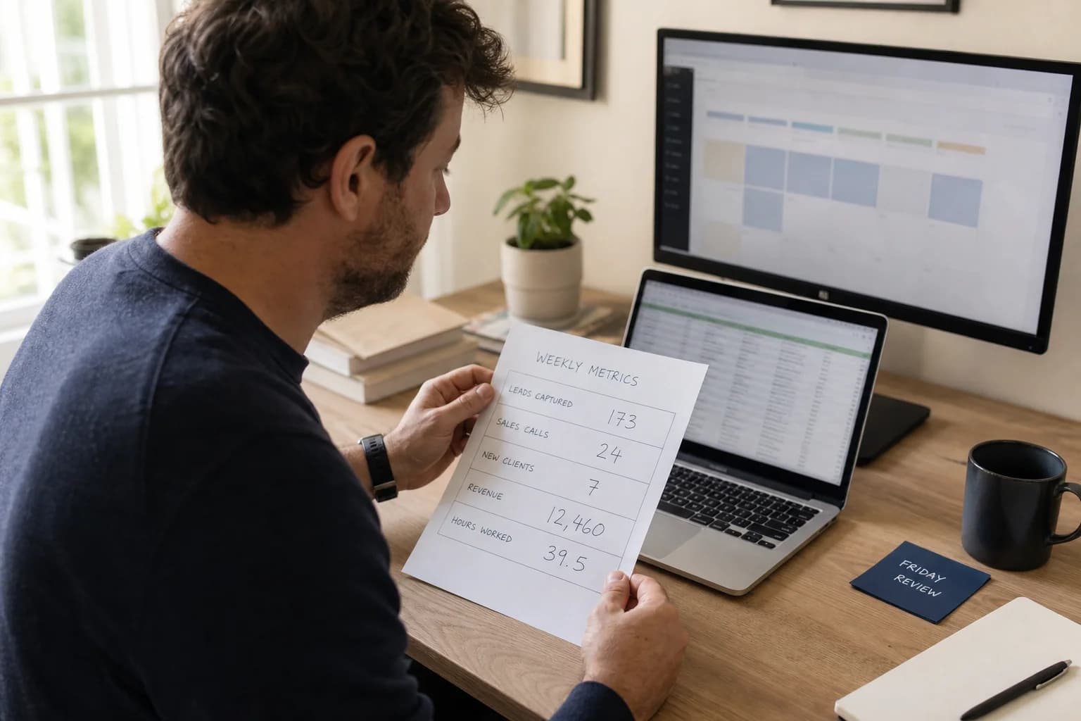Solo founder at a home desk reviewing a printed weekly metrics board beside a laptop showing a simple spreadsheet dashboard