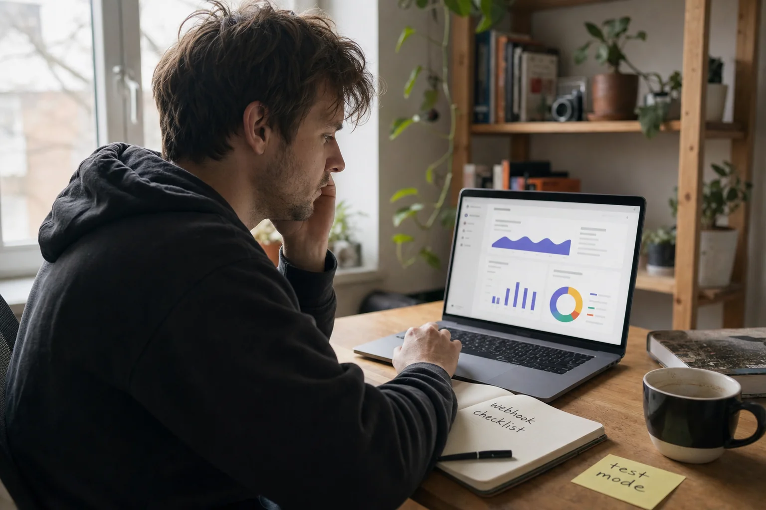 Solo founder at a home desk with a laptop showing a payment dashboard layout, notebook labeled webhook checklist, and coffee mug