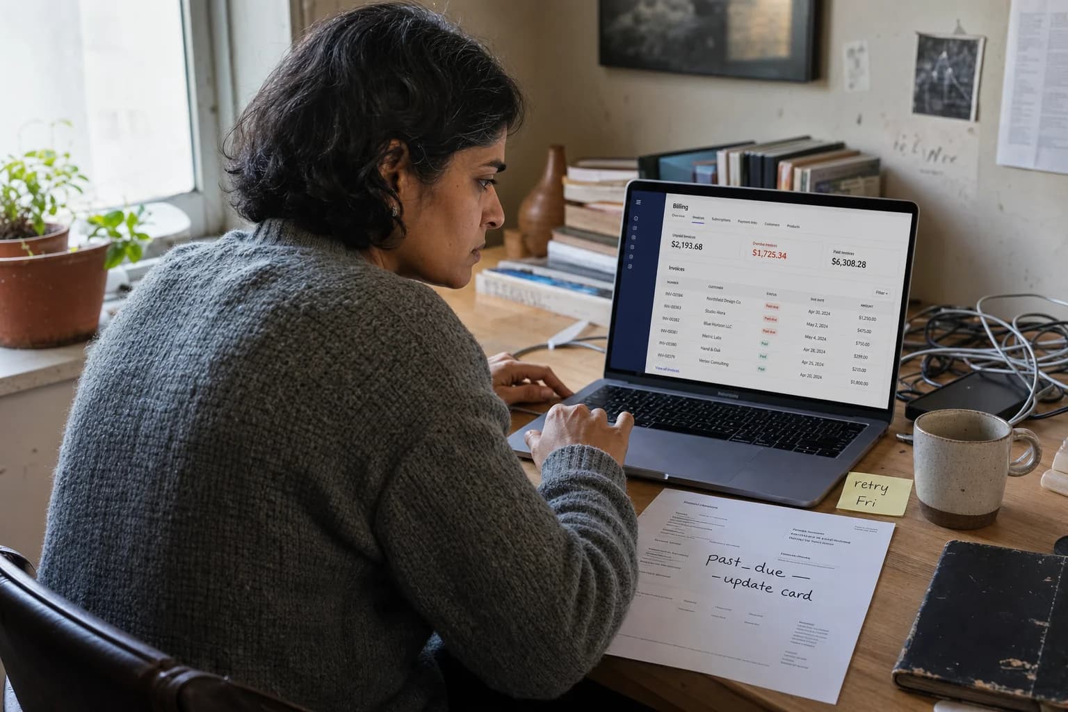 Solo founder at a desk reviewing a laptop billing dashboard with a highlighted failed payment notice