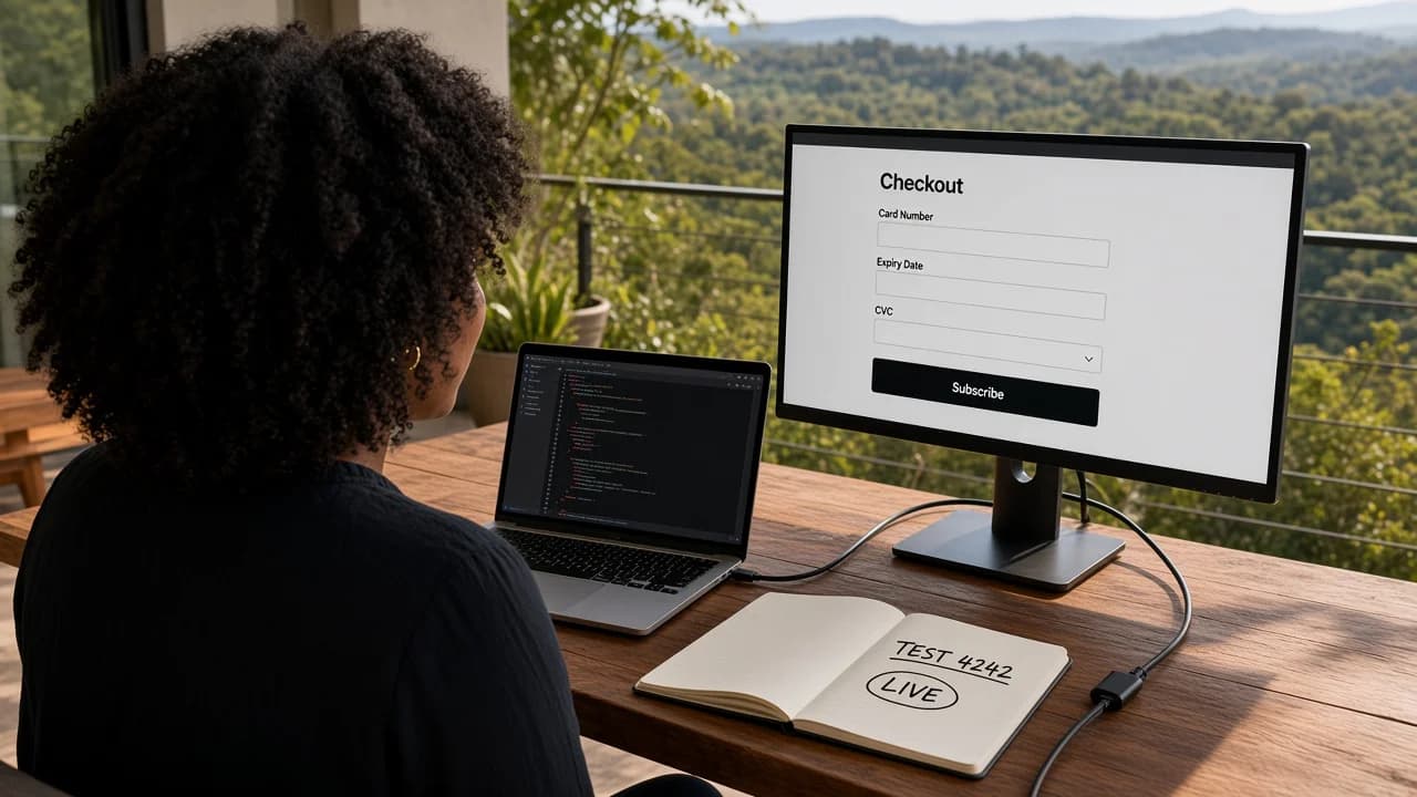 Solo founder at a terrace desk with a laptop and large monitor showing a Stripe Checkout screen, notebook with crossed-out test card numbers, landscape view beyond the railing