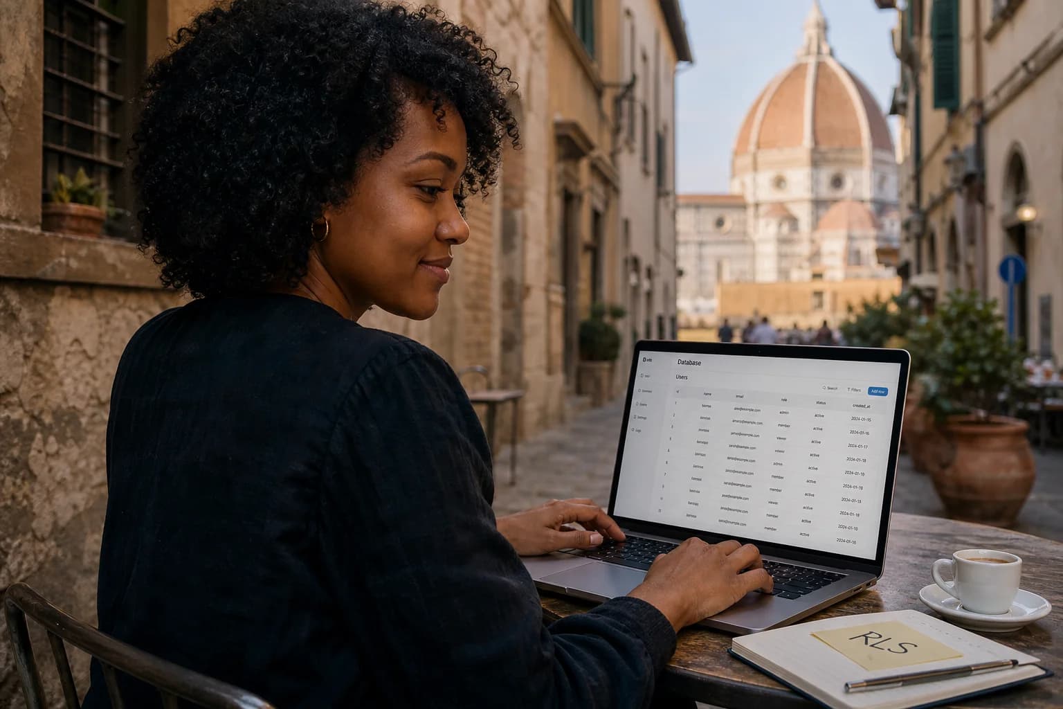 Solo founder at an outdoor café table in Florence with a laptop showing a database dashboard and an espresso cup nearby