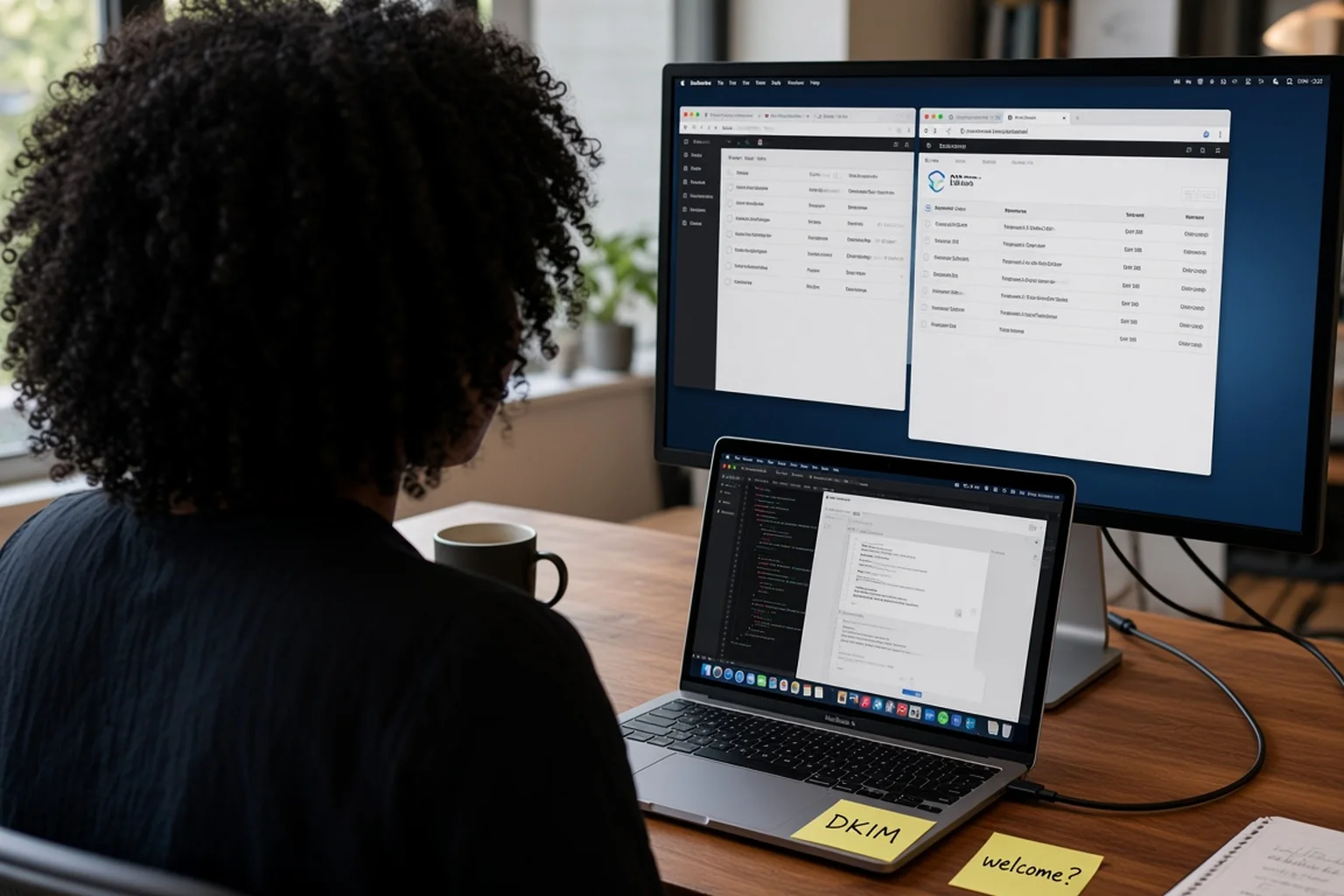 Solo founder at a home desk from behind, power and USB-C cables visible to an external monitor, windowed browser and code on screens, small sticky notes labeled DKIM and welcome