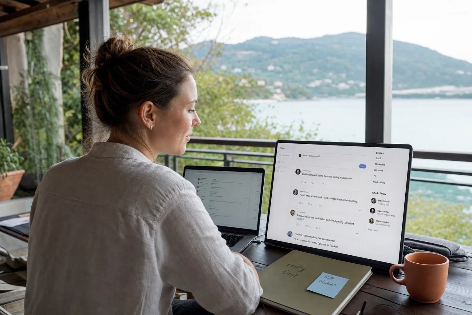 Solo founder on a terrace with a laptop open to a social feed, notes beside the keyboard, landscape beyond the railing