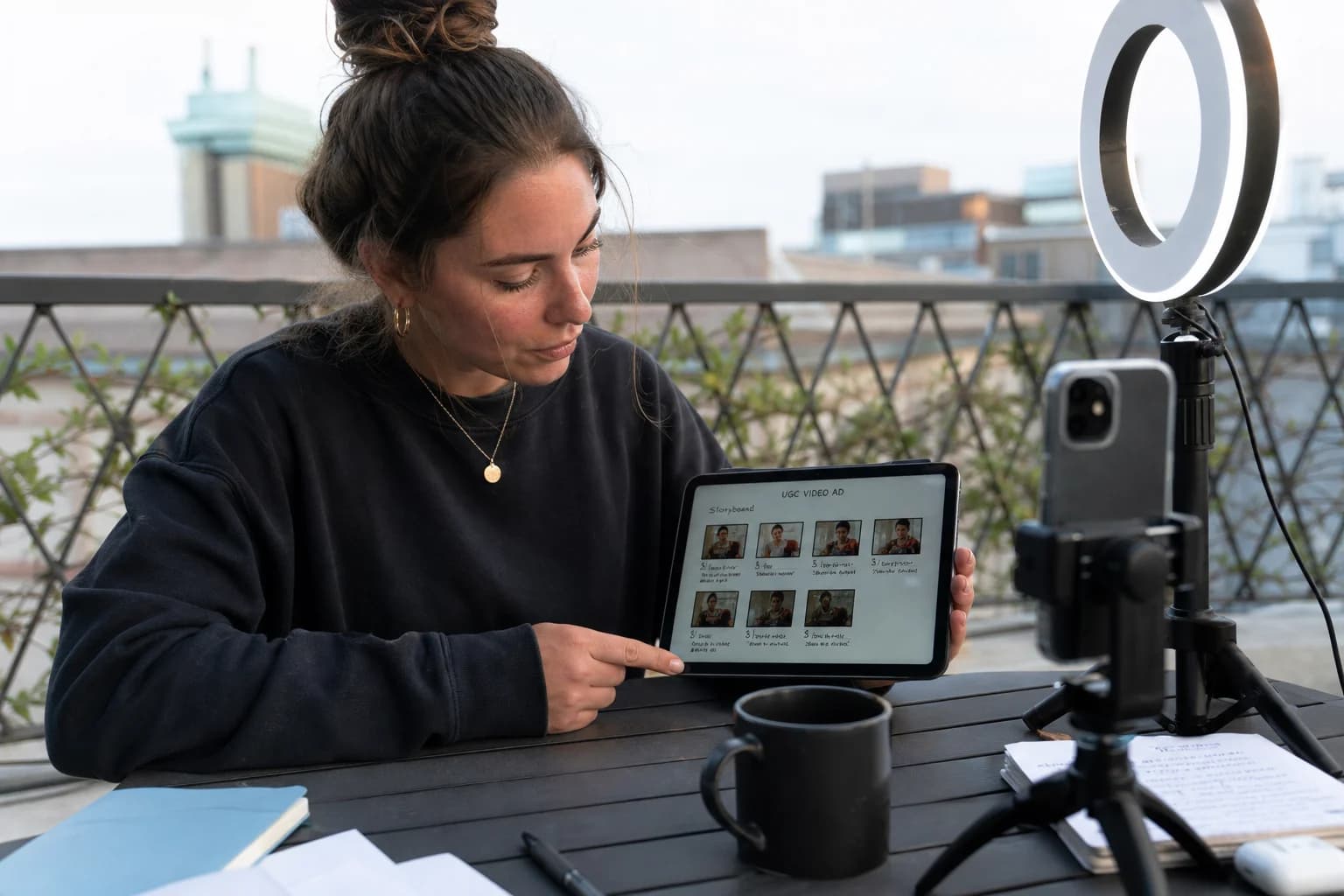 Solo founder on a terrace with laptop and phone, sticky notes labeled with hook lines beside a ring light